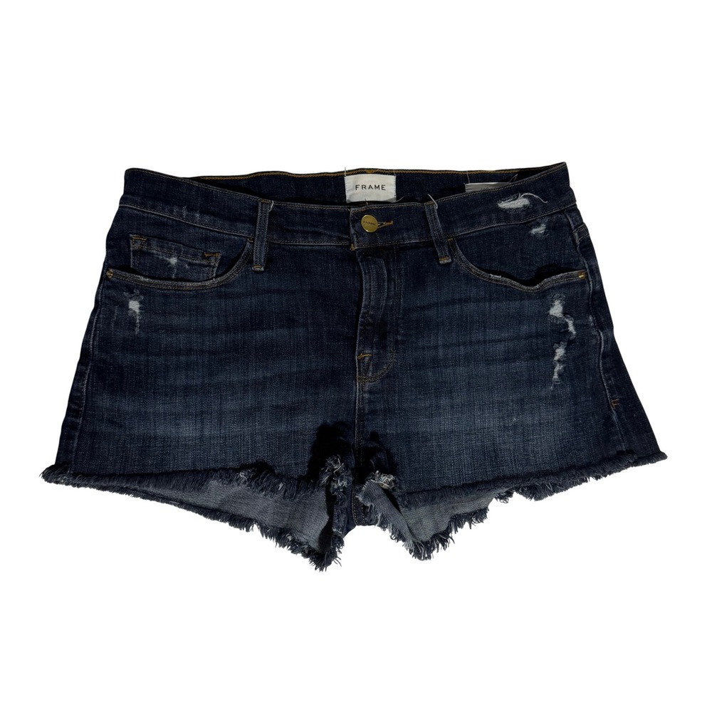 FRAME Le Cutoff Distressed Denim Shorts Dark Indigo Blue Frayed Hem Womens 29